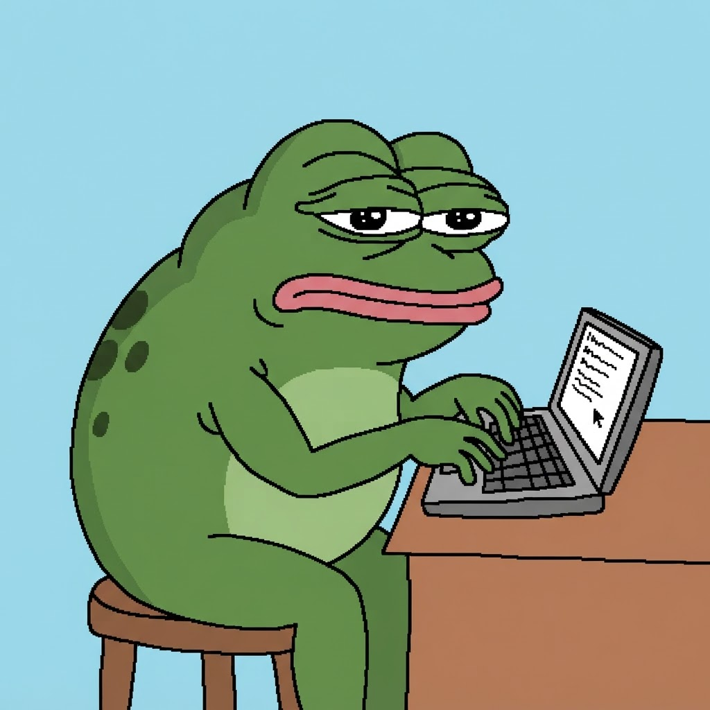Groyper hunched over a laptop, posting